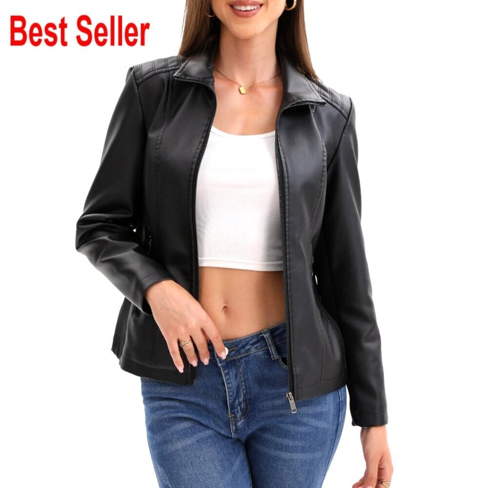 Faux Leather Motorcycle Jacket with Quilted Shoulders and Zipper Pockets